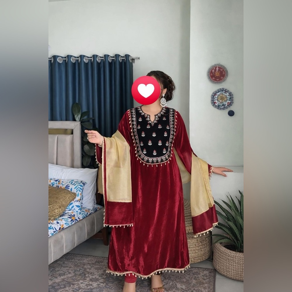 Elegant Red and Gold velvet Embroidered Dress